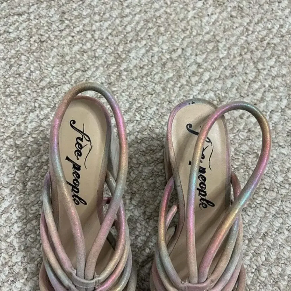 FREE PEOPLE Womens Colette Cinched Sandals Heel Iridescent Leather 38.5 New